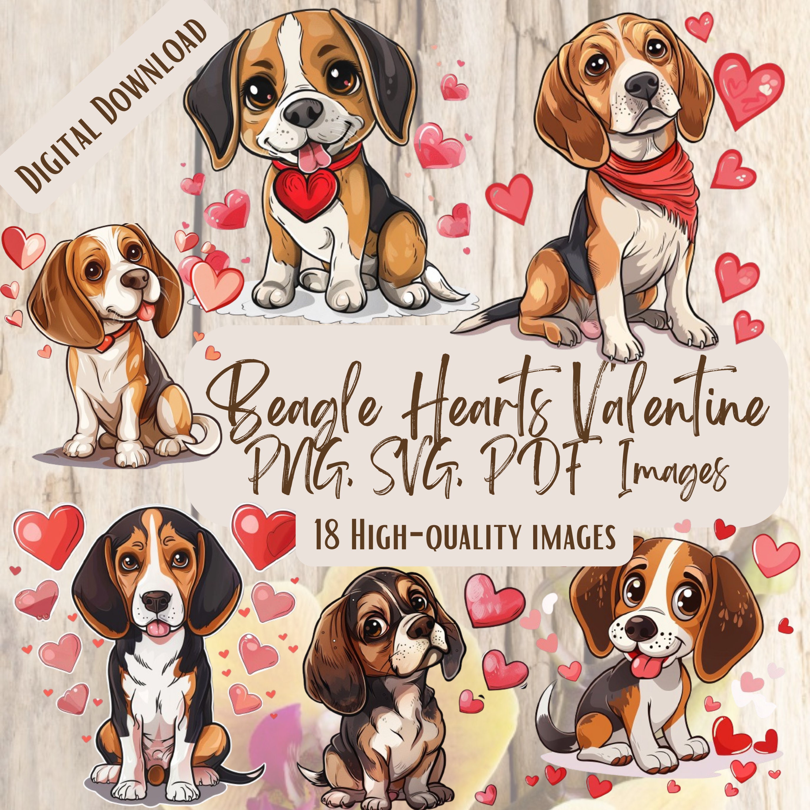 Beagle Valentine PNG SVG Bundle, 18 Cute Beagle Heart Clipart