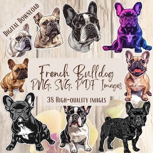 Französische Bulldogge PNG SVG Bundle, 38 süße Frenchie Clipart Dateien für Handwerk Aufkleber & Geschenke, süße Frenchie Digital Download, Hunderasse Clipart
