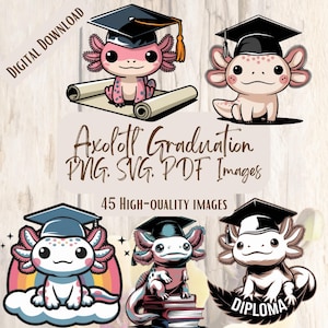 Axolotl Graduation PNG SVG Bundle, 45 images clipart amphibiens diplômés mignons pour travaux manuels, cartes et cadeaux, clipart décoration de fête de remise des diplômes