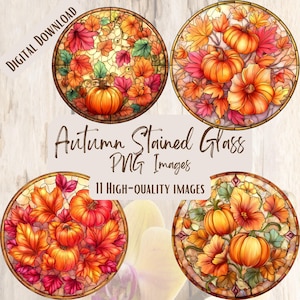 Puede incluir: Descarga digital de cuatro diseños circulares de vidrieras con hojas de otoño y calabazas en tonos naranja, rojo y verde. El texto dice "Autumn Stained Glass PNG Images".