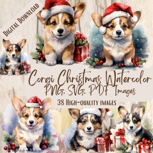 Corgi kerst aquarel PNG SVG-bundel, 38 schattige vakantiehond ontwerpen voor ambachten, schattige Corgi vakantie, vakantie hondenliefhebber digitale kunst