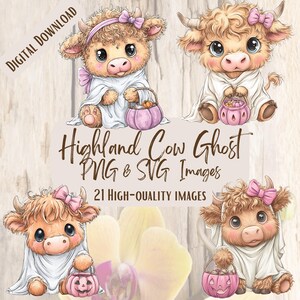 Puede incluir: Descarga digital con cuatro vacas de las Tierras Altas de dibujos animados vestidas de fantasmas, cada una con un lazo rosa y una cesta de calabaza rosa. La imagen incluye el texto "Highland Cow Ghost PNG & SVG Images" y "21 High-Quality Images."