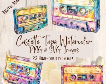 May include: Watercolor images of cassette tapes in various colors, including blue, yellow, purple, and pink. The text "DIGITAL DOWNLOAD" is in the upper left corner. The text "Cassette Tape Watercolor PNG & SVG Images" and "23 HIGH-QUALITY IMAGES" are also visible.