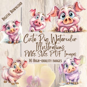 Ilustración de cerdo en acuarela (PNG/SVG), 16 adorables diseños de animales de granja para manualidades, pegatinas y decoración rústica.