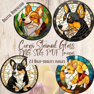 Corgis Buntglas Kreis Clipart, 24 Corgis PNG SVG-Bilder, niedlicher Hund Kunst für Kunsthandwerk & Dekor, Buntglas-Stil digitale Designs