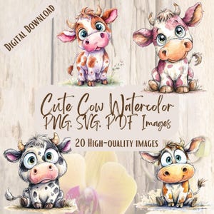 Cow Watercolor Clipart Bundle – 20 Farm Animal PNG Images, Highland Cow & Calf Watercolor Art, Country Baby Cow Illustrations