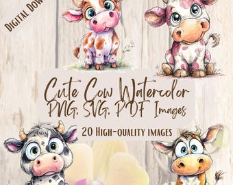 Cow Watercolor Clipart Bundle – 20 Farm Animal PNG Images, Highland Cow & Calf Watercolor Art, Country Baby Cow Illustrations