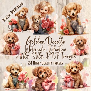 Goldendoodle PNG SVG-Bundle, 24 romantische entzückende Designs, Welpen Liebe Valentine Clipart Paket, süße Valentinstag Grafiken