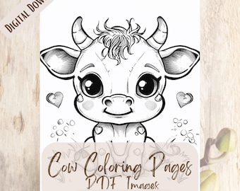 Cow Coloring Pages, 50 Printable Book Themed Designs for Kids & Adults, Cute Cow Activity, Highland Cow Coloring, Farm Animal Printable