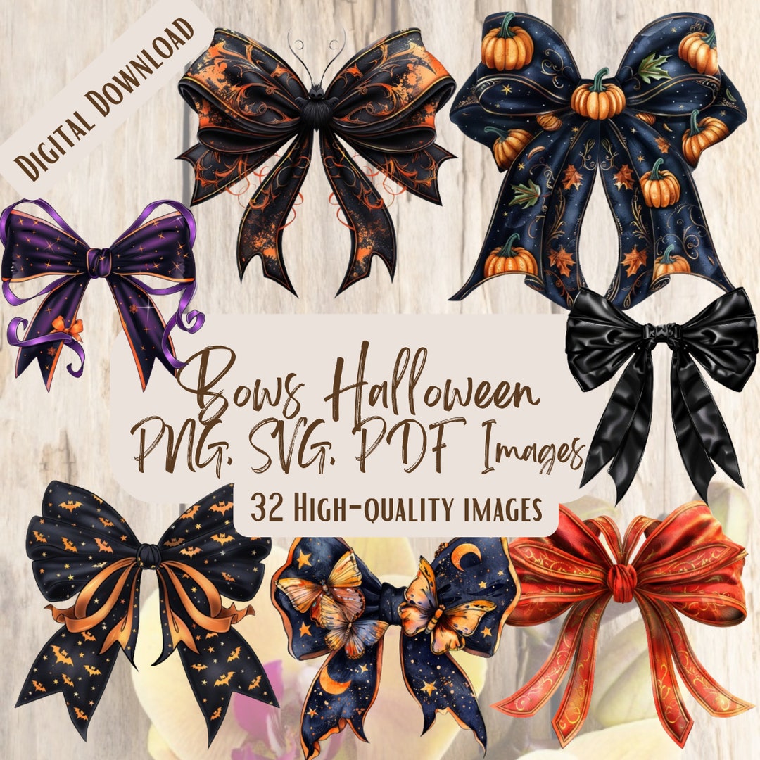 Halloween Bows Clipart Bundle, 32 PNG SVG Designs, Cute Spooky Bow Art ...