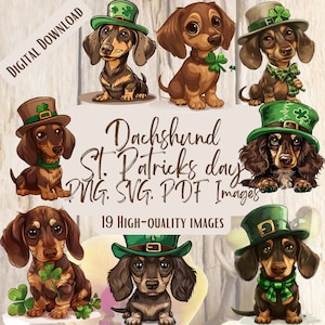Dackel St. Patrick's Day Clipart, 19 PNG SVG-Bundle, süße Dackel-Designs für Urlaub, Karten & Party-Dekor, Hunde Clipart