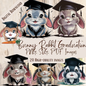 Lapin de remise des diplômes PNG SVG Bundle, 20 adorables dessins de clipart lapin diplômé pour cartes, cadeaux d'artisanat, clipart lapin de fin d'études, art lapin