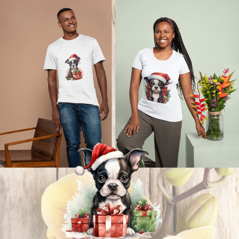 May include: A white t-shirt with a festive design featuring a black and white Boston Terrier wearing a Santa hat and holding a gift. The dog is surrounded by green and red Christmas decorations.