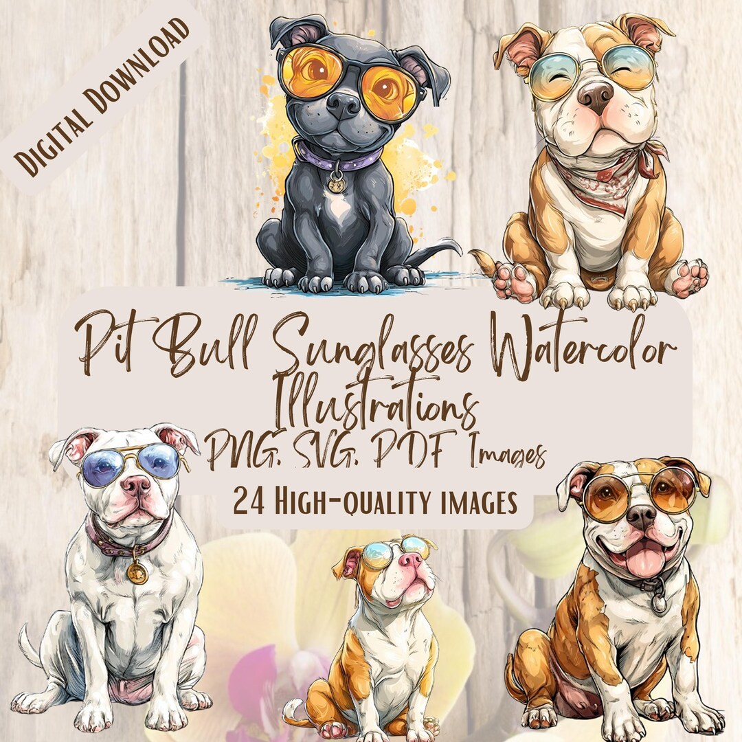 Pit Bull Sunglasses Clipart Bundle, 24 Cool Dog PNG SVG Illustrations ...