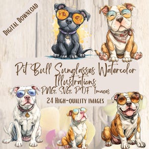 Bundle de cliparts lunettes de soleil Pit Bull, 24 illustrations Cool Dog PNG SVG, téléchargement numérique Pitbull ludique pour autocollants, chemises, travaux manuels