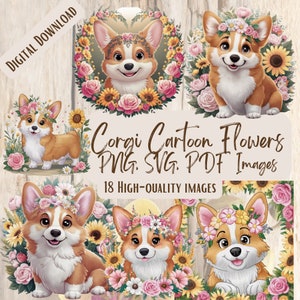 Corgi Cartoon Flowers PNG SVG Bundle, 18 Adorable Dog Graphics for Crafts, Sublimation, and DIY Projects, Unique Corgi Flower Graphics