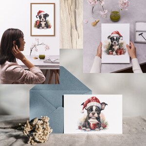 May include: A watercolor illustration of a Boston Terrier puppy wearing a Santa hat and holding a red gift box. The puppy is sitting on a green and white background with red and white polka dots.
