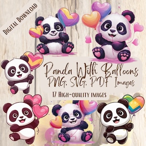 Panda com balões clipart, pacote fofo de panda PNG SVG, 17 adoráveis designs de panda de balão para artesanato infantil e decoração de festa