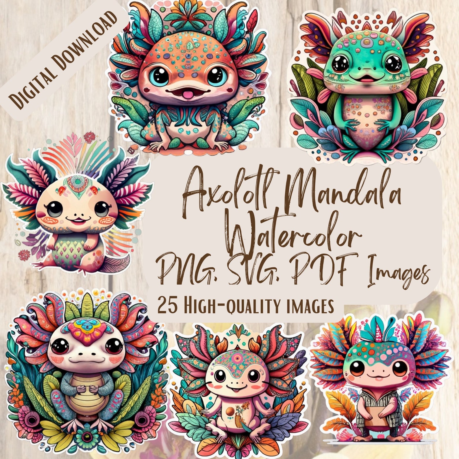 Axolotl Mandala Watercolor PNG SVG Bundle, 25 Whimsical Amphibian ...