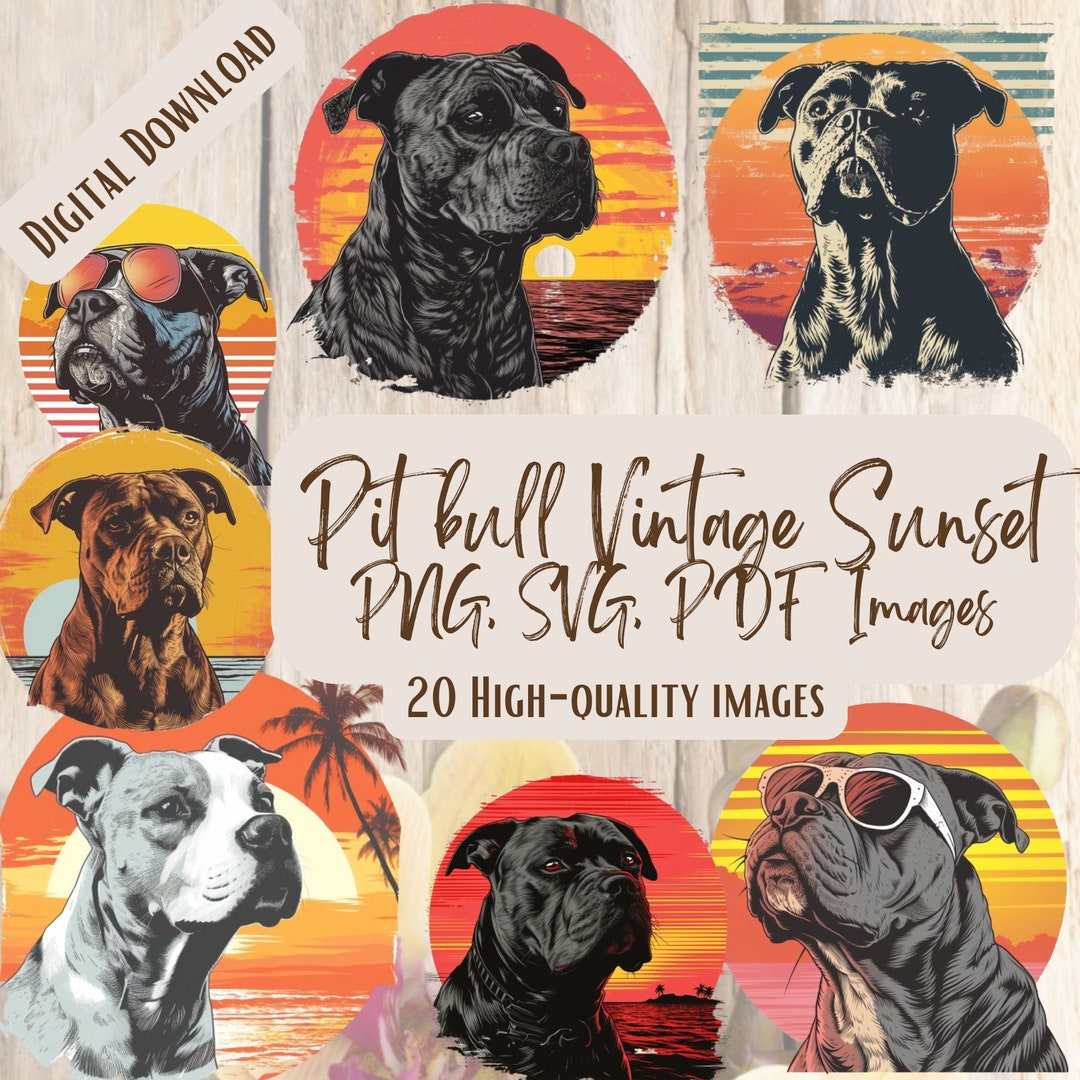 Pit Bull Dog Vintage Sunset PNG SVG Bundle, 20 Retro Dog Clipart Images ...