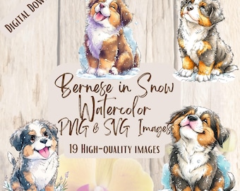 Bernese Mountain Dog in Snow Watercolor PNG SVG Bundle, 19 Winter Dog Clipart Images for Christmas Crafts, Stickers & Sublimation