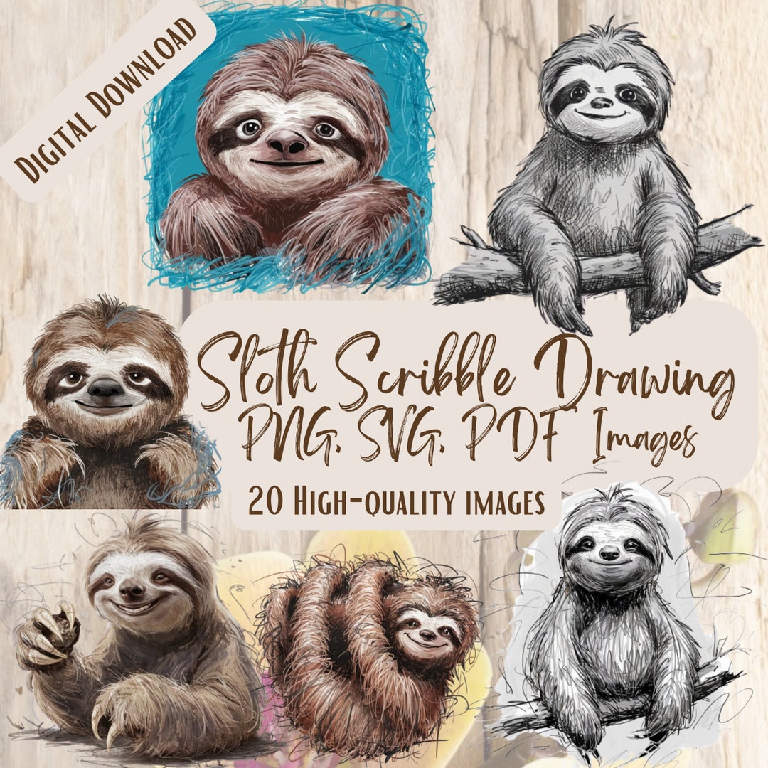 Sloth Scribble Drawing PNG SVG Bundle, 20 Hand-drawn Animal Clipart ...