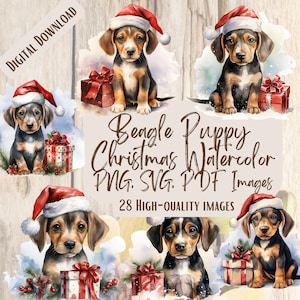 Beagle puppy kerst aquarel PNG SVG bundel | 28 feestelijke honden clipartontwerpen voor kerstcadeaus, stickers, sublimatie en cadeaus