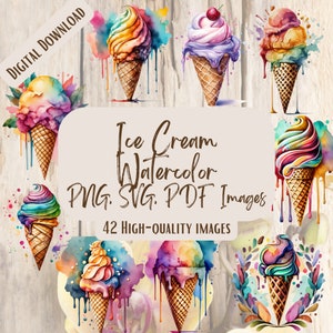 Paquete de conos de helado en acuarela PNG SVG, 42 diseños de postres dulces y coloridos, ilustraciones de helados coloridos, gráficos de postres