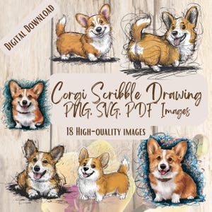 Corgis Scribble Zeichnung PNG SVG Bundle, 18 minimalistische Hund Clipart Designs für Kunsthandwerk, Aufkleber & Corgis-Liebhaber-Dekor, niedlicher Hund Line Art