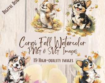 Corgi Fall PNG SVG Bundle, 19 Autumn Leaves Dog Clipart Designs for Crafts, Stickers, Sublimation & Seasonal Decor, Leaf Pile
