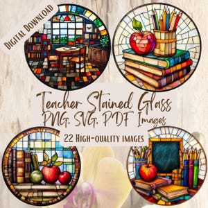 Lehrer Buntglas Kreis Clipart, 22 künstlerische und inspirierende pädagogisch wertvolle Designs, Schule unter dem Motto Clipart, digitales Paket mit lehrreichen Symbolen