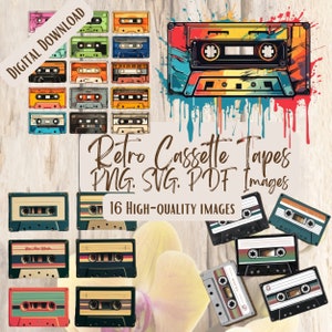Retro cassettebandjes PNG SVG-bundel 16 afbeeldingen digitale afdrukbare Vector Instant Download grafische bundel hoge kwaliteit tapes Clipart Vintage