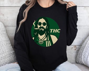 Camiseta de manga larga hippie con THC, divertida camiseta con gráfico de marihuana, camiseta unisex con ambiente retro de fumeta, regalo de meme de cannabis con el símbolo de la paz