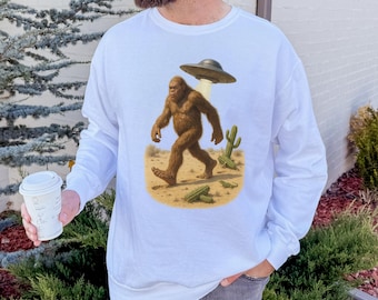 Funny Sasquatch UFO Sweatshirt, Alien Abduction Bigfoot Crewneck, Cryptid Meme Pullover, Desert Explorer Gift