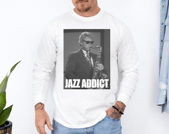 Jazz Addict Long Sleeve T-Shirt – Retro Saxophone Player Graphic