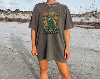 Funny Wizard Side Quest T-Shirt, Fantasy Graphic Tee with Mushrooms, Soft Unisex Shirt for Gamers & Nerds, Cottagecore Style