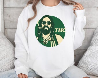 Sudadera hippie con THC, divertida sudadera con estampado de marihuana, suéter retro con meme de fumeta, regalo unisex con símbolo de la paz y cannabis