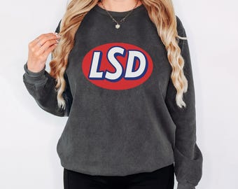 Sudadera de cuello redondo con el logo de LSD, divertida sudadera psicodélica, humor ácido unisex, estilo rave retro.