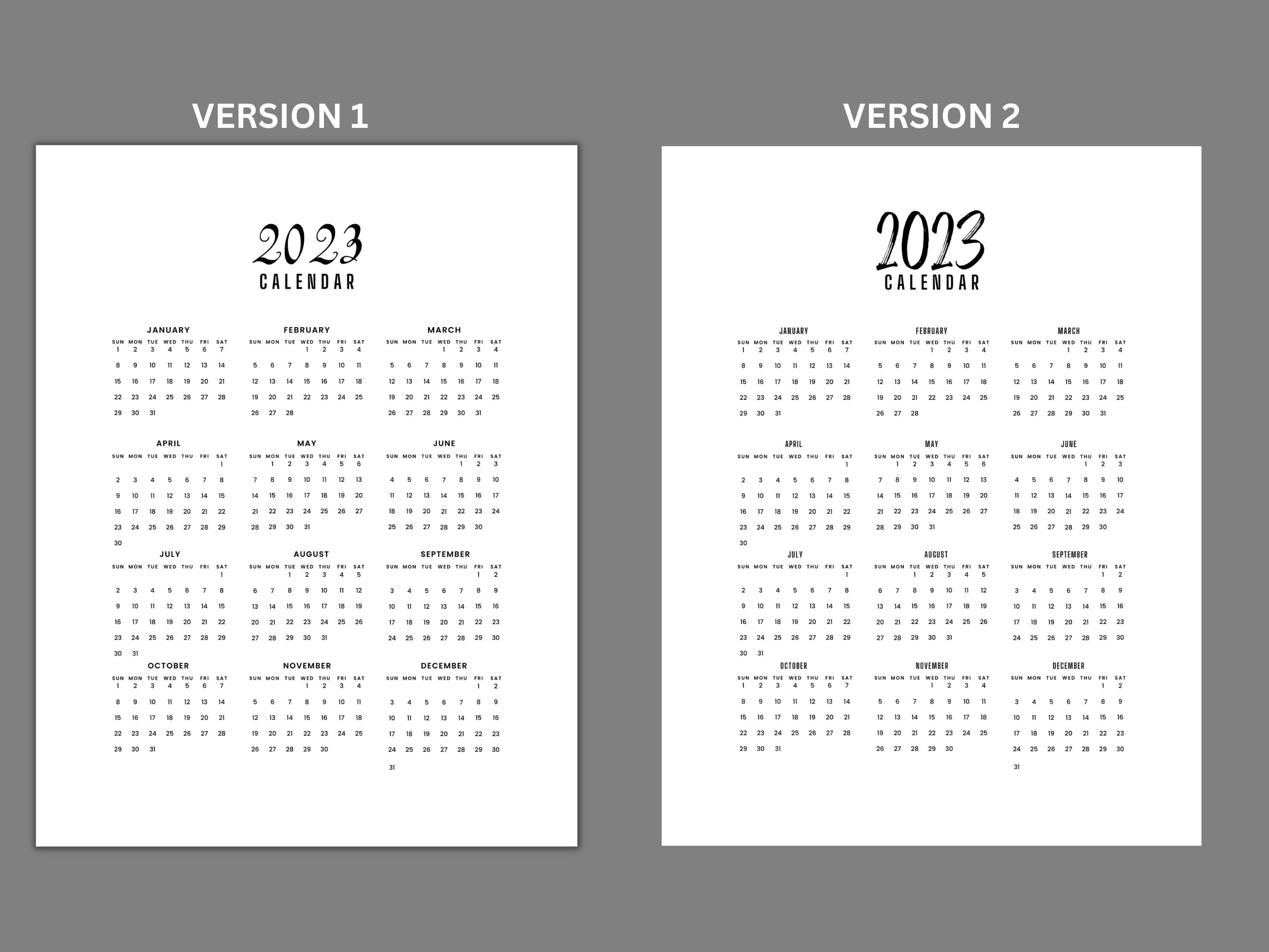 2023 Calendar Printable, Yearly Calendar 2023 Minimalist Single Page,year at a Glance,pdf, A3/a4
