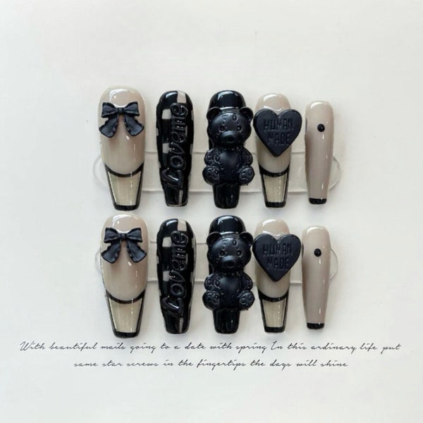 Black Teddy | Hand-made Press-on Nails | Black Teddy Bear | Black Bow | Black Heart | Clear French Tip | Checkers | Coffin Shape | Glossy |