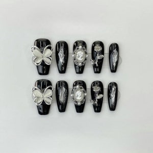 Black Butterfly | Hand-made Press-on Nails | Rose Charm | Butterfly | Black | Silver | Glossy | Coffin Nails |