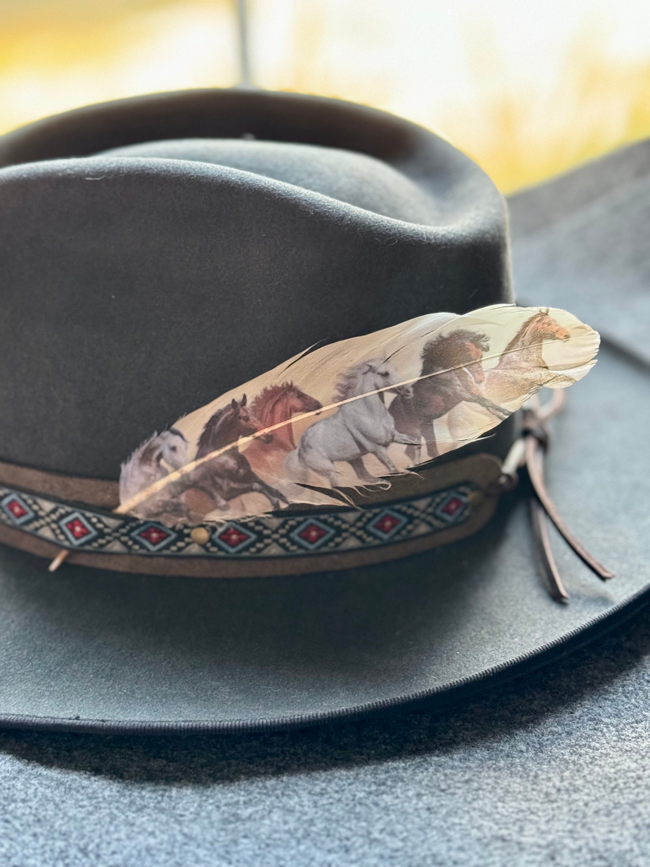 Handcrafted Top Hat with Indian Band and Feathers Embossed Leather Hat Band- Women main image 3