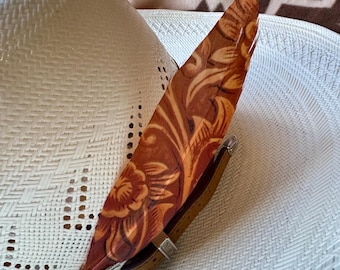 Tooled Scroll Cowboy Hat Feather – Rustic Western Accessory