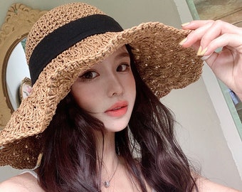 New Straw Hat Women's Summer Lace-up Beach Foldable Vacation Summer Hat