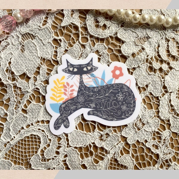 Floral Cat Sticker, Mid Century Modern Cat Lover Sticker,  Atomic Black Cat Boho Flower Cute Animal Computer Clear Sticker, Cat Mom Gift