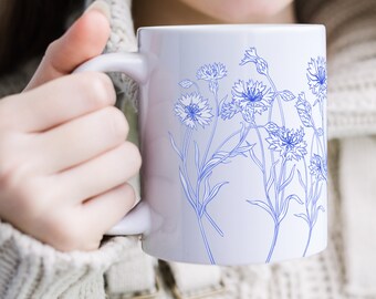 Cornflower Porcelain Hand Drawn Floral Drinkware Gift, Natural Boho Wildflower Garden Cornflower Lavender Sapphire Outline Lover Tea Mug