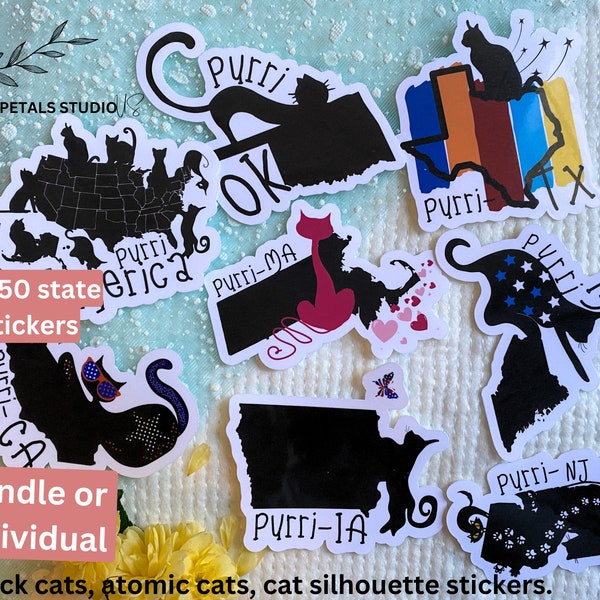 All 50 States Silhouette With Mid Century Modern Atomic Black Cat Sticker, USA State Outline Sticker, America Holiday Gift