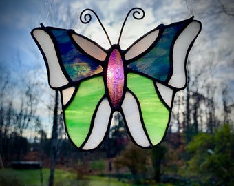 Butterfly stained glass suncatcher - Blue and green