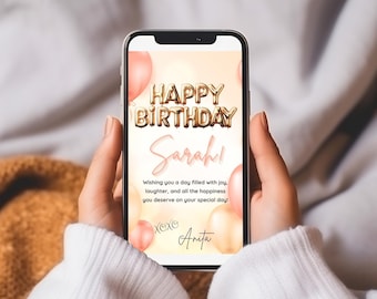 Biglietto di auguri di compleanno con testo, biglietto di auguri di compleanno animato con video elettronico, messaggio personalizzato per lei, palloncino di buon compleanno in lamina d'oro, biglietto di auguri di compleanno digitale