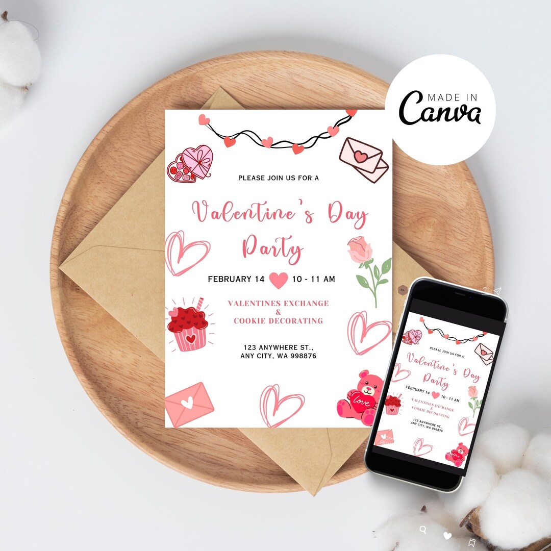 February Invite Editable Valentine's Party Invitation Printable & Textable Digital ...